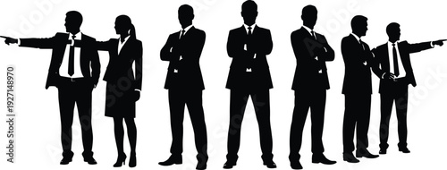 Set of professional business silhouettes including people shaking hands working on laptops talking on phones and standing in suits isolated on white background