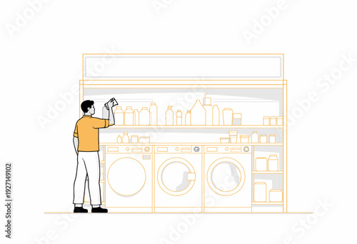 Illustration of a Man in a Yellow Shirt Selecting Laundry Detergent in a Modern Laundry Room Setting with Washing Machines Underneath a Shelf of Cleaning Supplies