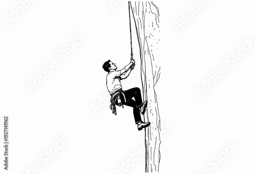 Illustration of a Solo Rock Climber Scaling a Steep Cliff with Safety Gear Using Ropes and Harness for Outdoor Adventure and Sport Challenge