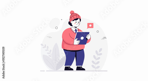 A person in a beanie and sweater holds a tablet, with a speech bubble nearby