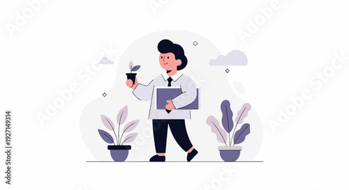 A person in a suit carries a folder and a potted plant, surrounded by greenery