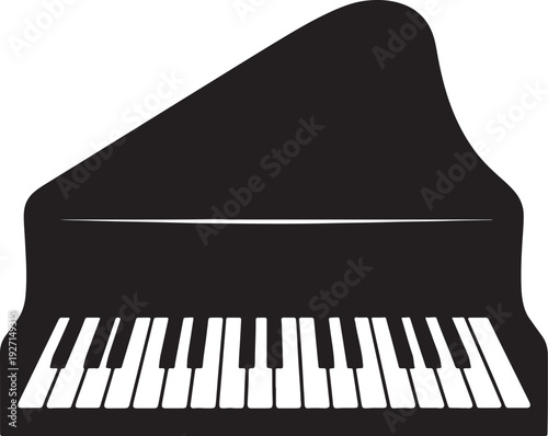 Black silhouette of a grand piano with white keys on a white background also transparent background musical instrument