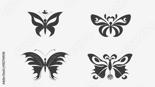 Four stylized butterfly graphic illustrations, each with unique wing and body patterns