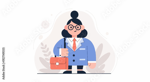 Stylized cartoon of a professional woman with a briefcase and glasses, dressed in a blue suit and red tie