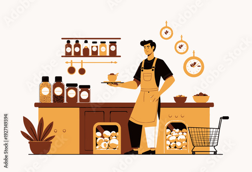 Charming Coffee Shop Interior with Barista Holding Steaming Cup, Surrounded by Decorative Shelves of Jars and Warm, Inviting Ambiance