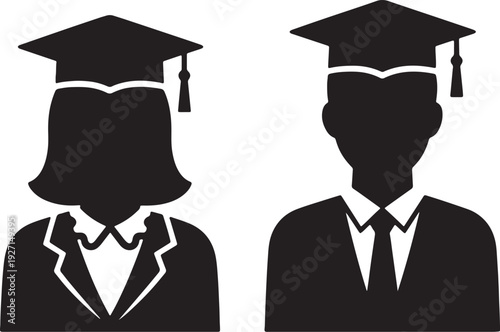 Black silhouette of a male and female graduate wearing academic caps and formal attire also transparent background