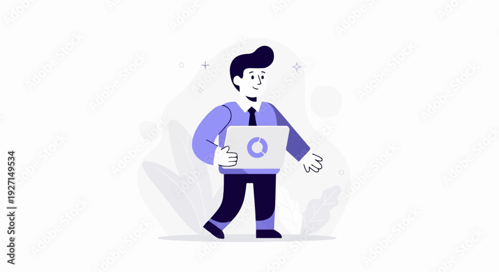 Fototapeta premium Stylized businessman with laptop, walking with a smile, against abstract background