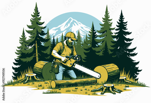 Lumberjack Skillfully Cutting Logs in Forest with Chainsaw Against Mountain Backdrop Surrounded by Trees and Nature