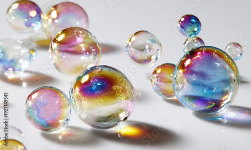 A bunch of colorful bubbles are on a white surface