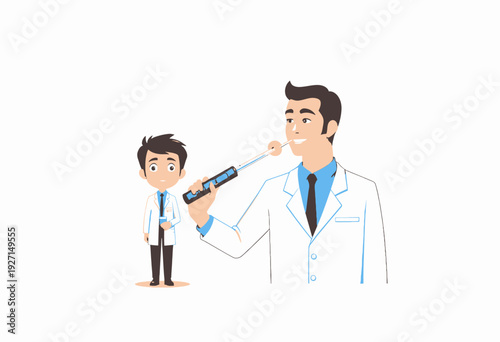 Illustration of a Male Dentist Demonstrating Proper Brushing Technique with Toothbrush and Cartoon Representation Beside