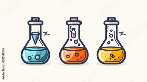 Three stylized, colorful flasks with various liquids and details, suggesting science and experimentation