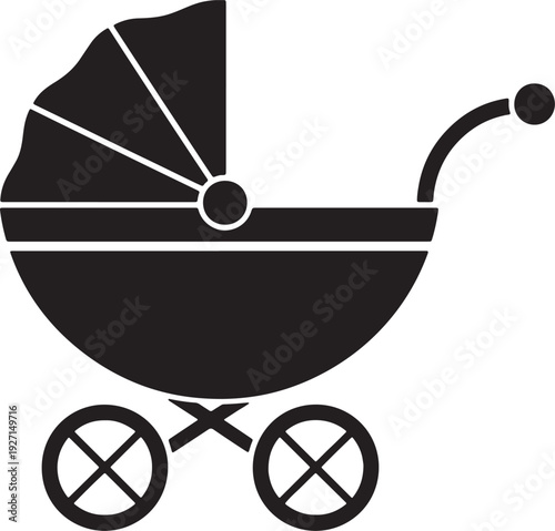 Black silhouette of a vintage baby carriage with a canopy and two wheels also transparent background