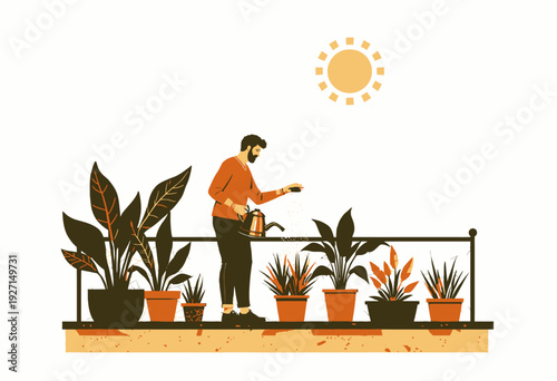 Man in an orange sweater tending to a row of potted plants on a sunny day, nurturing green leaves under the warm glow of a bright sun