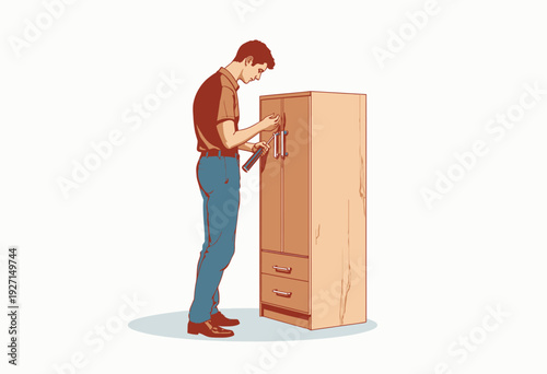 Man Assembling Wooden Cabinet with Tools in Modern Minimalist Style Room Featuring Drawer Handles and Simple Design