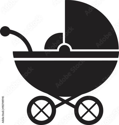Black silhouette of a vintage baby carriage with two wheels and a handle also transparent background