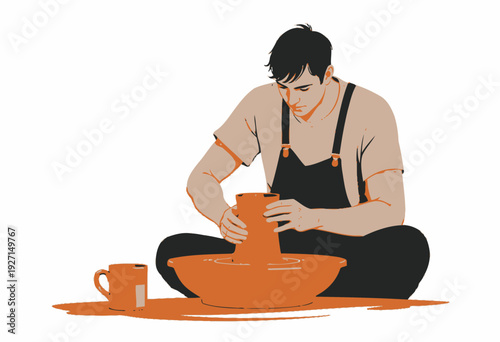 Young Artisan Skillfully Molds Clay Pot on Potter's Wheel in Workshop, Capturing the Beauty of Traditional Handcrafted Ceramic Art with Precision and Creativity