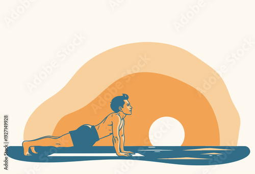 Illustration of a Person Practicing Yoga in Upward Dog Pose Against a Vibrant Sunrise Background on a Calm Beach Setting