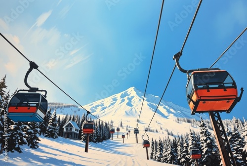 Vibrant sunny ski resort landscape with red and blue gondolas on cable lift ascending snow-covered mountain peak under clear blue sky. Low angle view, evergreen trees, skier tracks