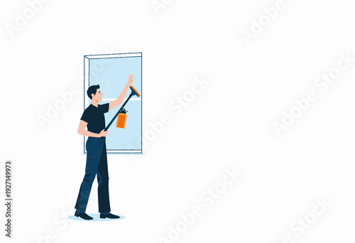 Man Cleaning Window with Squeegee and Bucket in Minimalist Illustration Focused on Household Chores and Daily Maintenance in Simple Style