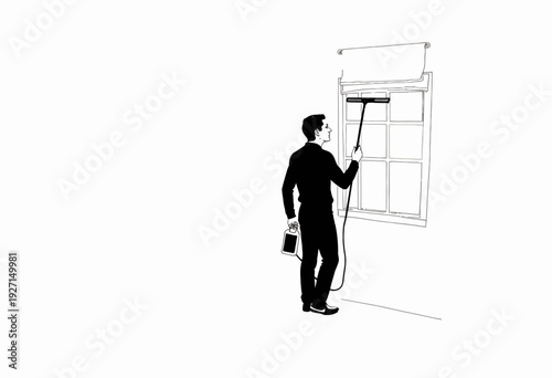 Monochromatic Illustration of a Person Cleaning a Window with a Squeegee and Bucket in a Minimalist Setting