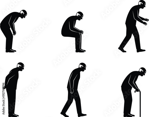 Vector collection of senior man silhouettes showing aging process walking with cane and sitting for elderly healthcare social services and retirement