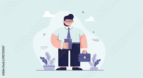 Cheerful businessman with glasses, tie, and briefcase, holding a tablet, surrounded by abstract shapes and plants