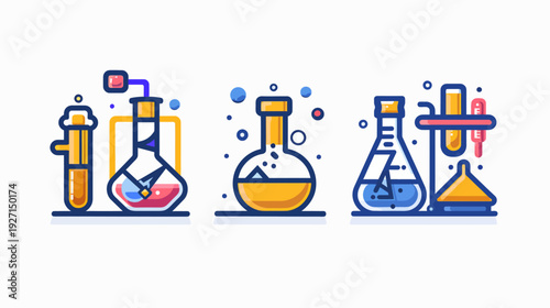 Colorful vector illustration depicting various laboratory glassware used in scientific experiments