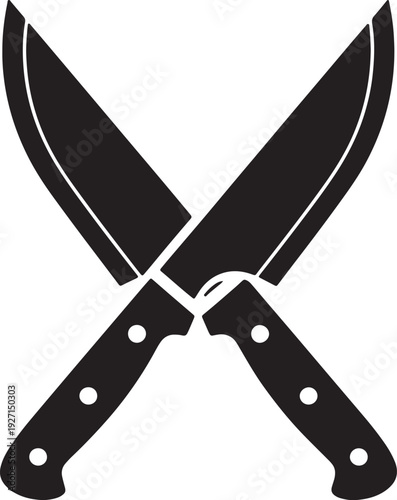 Two crossed black chef knives with white handles and rivets on a white background also transparent background