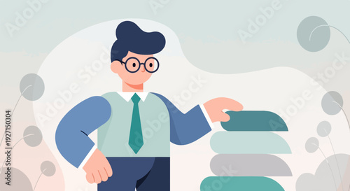A man in a suit and tie is shown stacking abstract shapes, with a soft, minimalist background