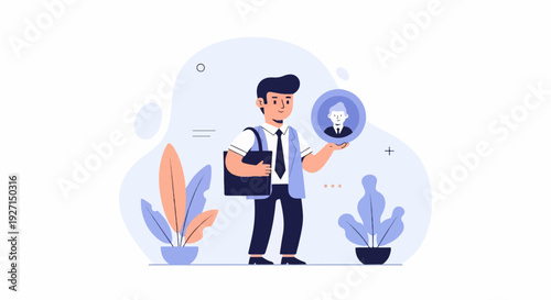 A man holding a profile picture, standing near plants