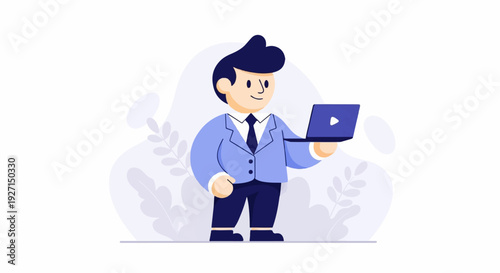 Cheerful professional in blue suit holding open laptop computer, smiling warmly
