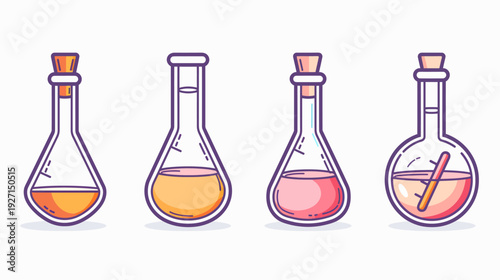 Four stylized beakers with colorful liquids and stoppers, designed with clean, geometric lines