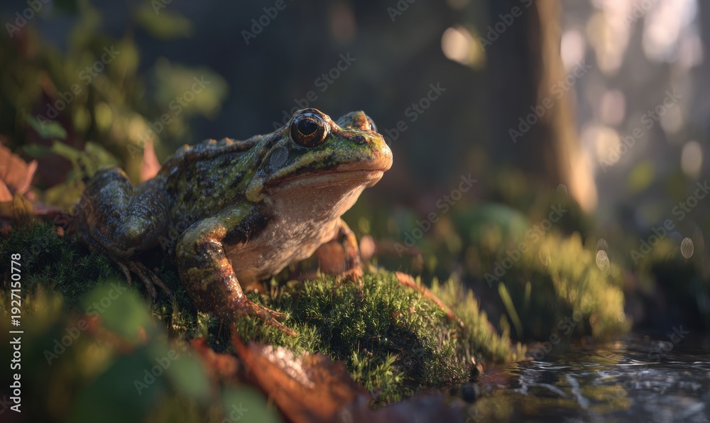 Fototapeta premium A frog is sitting on a mossy rock by a stream