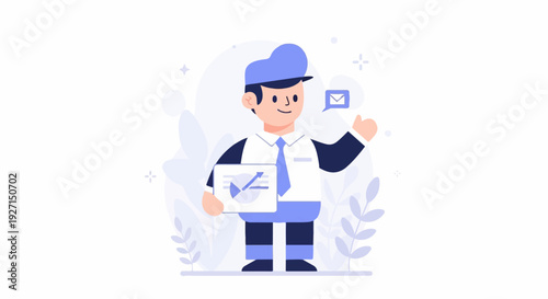 Smiling businessman holding a tablet with a graph, wearing a blue cap and tie