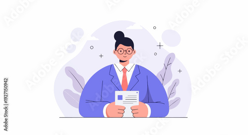 A person in a suit holds a document, with stylized leaves and shapes in background