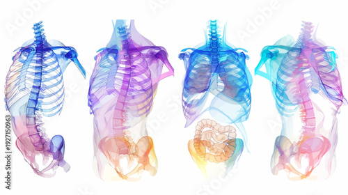 Colorful abstract medical illustration featuring a translucent human body model