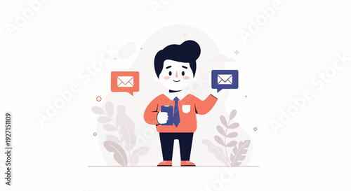 A smiling person with a tie holds a phone and gestures to speech bubbles with envelopes