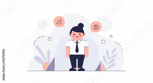 Cheerful, formally dressed individual with abstract foliage and thought bubbles