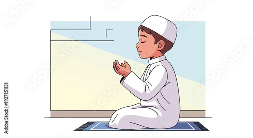 A young boy in traditional Islamic attire praying on a prayer mat, depicting a moment of devotion and peace