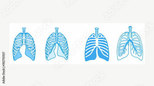 Four blue illustrations of lungs in different graphic styles for educational medical purposes