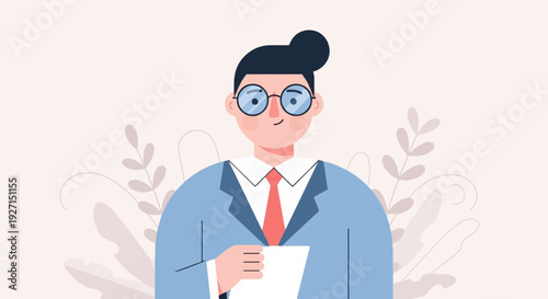 Professional man in a suit and tie, holding paper, with floral background