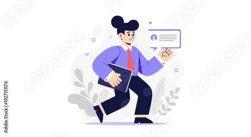 Dynamic animated figure strides forward, holding a tablet, with a speech bubble and organic shapes