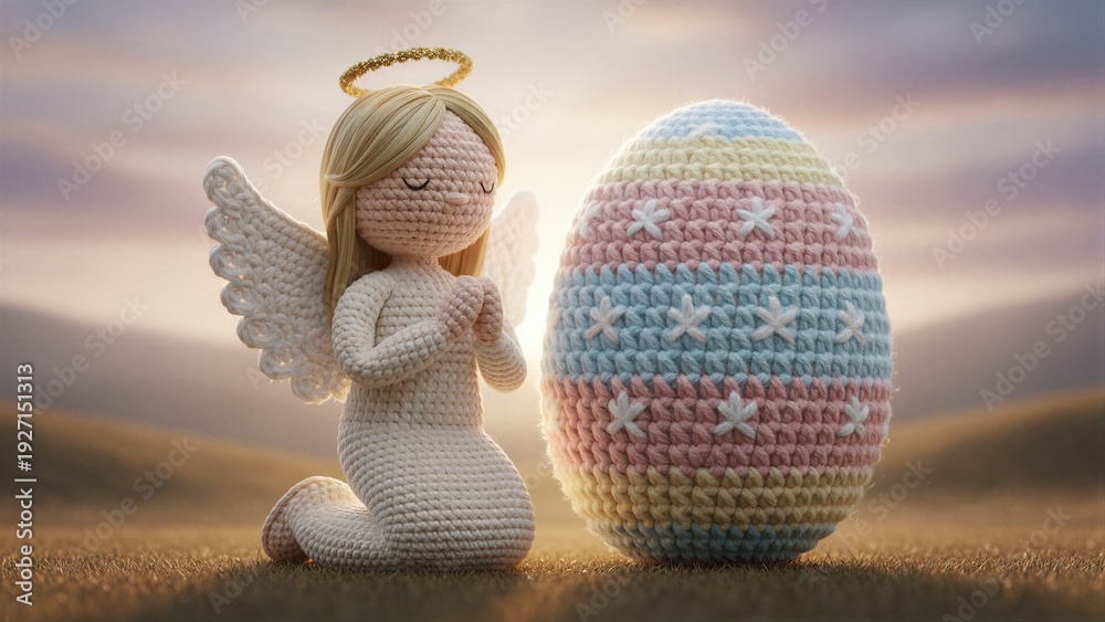 Obraz premium Knitted angel with halo and an Easter egg. Religious Easter concept. Biblical scene for holiday greeting card.