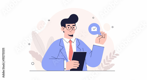 A smiling man in a suit holds a tablet and a speech bubble with a checkmark