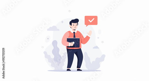 Cheerful man in a shirt and tie holding a laptop and raising his hand with a checkmark