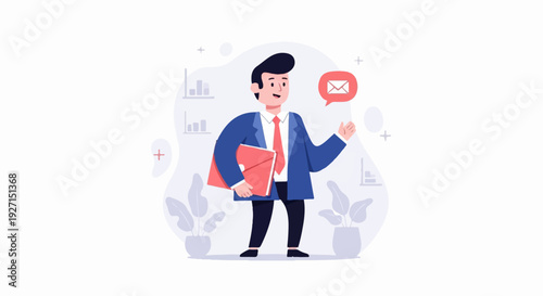 Businessperson with folder and message icon, background with plants & charts