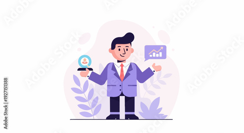 A smiling man in a suit holds a profile icon and points to a growth chart