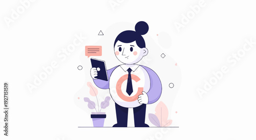 Cheerful person with tablet and a 'C' logo on shirt, surrounded by decorative shapes