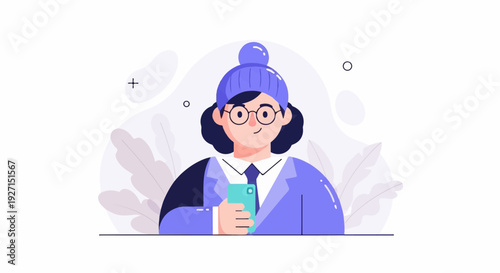 Cheerful person in a violet hat and jacket with glasses, holding a smartphone and smiling gently