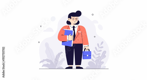 Professional figure with documents and briefcase, against stylized foliage and abstract shapes